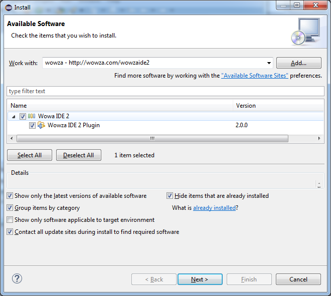 Install Wowza IDE 2 plugin
